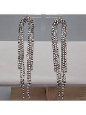 Bridal Long Crystal Rhinestone Fringe Earrings  925 Sterling Silver Posts 4.5"
